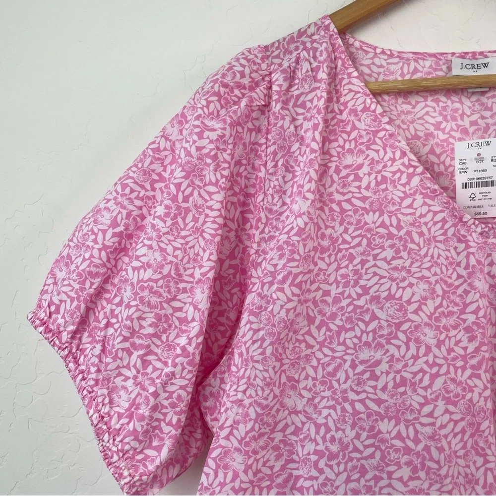 J. Crew Cotton V-Neck Puff-Sleeve Floral Womens Pink/White Blouse Size Large NEW